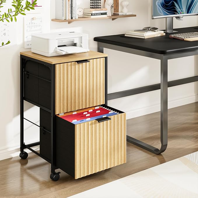 VINGLI 2 Drawer Mobile File Cabinet, Rolling Fluted Filing Cabinet Under Desk File Cabinet with Wheels, Fabric Drawers Printer Stand for Home Office, Fits Letter Size, Oak