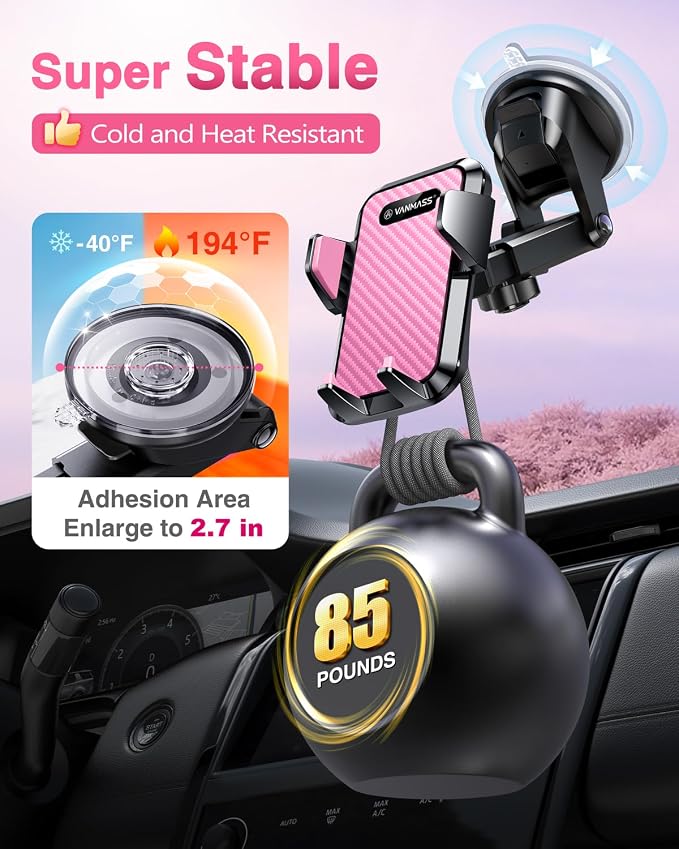 VANMASS【85+LBS Strongest Suction & Military-Grade Ultimate Car Phone Mount | 【Patent & Safety Certs】 Cell Phone Holder for Dash Windshield Vent for iPhone 17 Pro Max Automobile Interior Sets, Light Pink