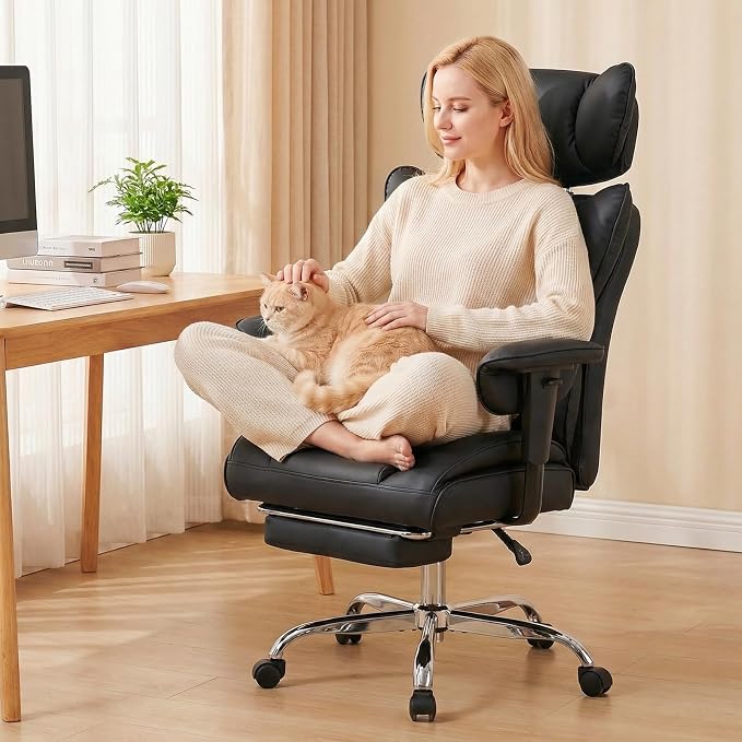 DUMOS Big and Tall Home Office Desk Chair, Executive Chair with Footrest | PU Leather, Ergonomic Comfy Lumbar Support, High Back Reclining, Adjustable Armrests, Black