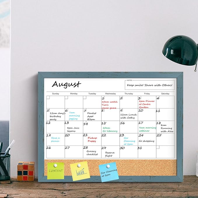 Whiteboard Calendar, 24x18 Hanging Dry Erase Calendar for Wall | Magnetic, With Cork Board, Hangable, Wooden Frame, Ideal for Dorm Room, Office, Kitchen, Bedroom, Home, School, Classroom