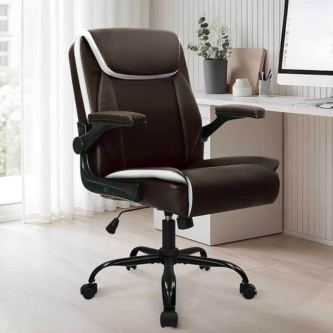 NEO CHAIR Office Desk Computer Chair Ergonomic Executive Mid-Back Leather Gaming Chair with Adjustable Flip-Up Armrests Wheels Swivel for Home Study Task (Brown)