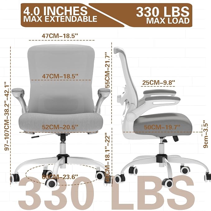 Ergonomic Office Chair for Long Hours, Adjustable Padded Lumbar Support for Lower Back Relief, 330 lb Capacity, Comfortable Computer Desk Chair for Home Office, Work & Study