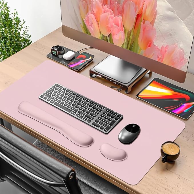 Desk Mat Set， Wrist Rest for Computer Keyboard, 3-in-1 Large Mouse Pad and Keyboard Wrist Rest Set, Non-Slip Desk Mat Protector for Office, Home(27.5×13.8 Inches, Pink)