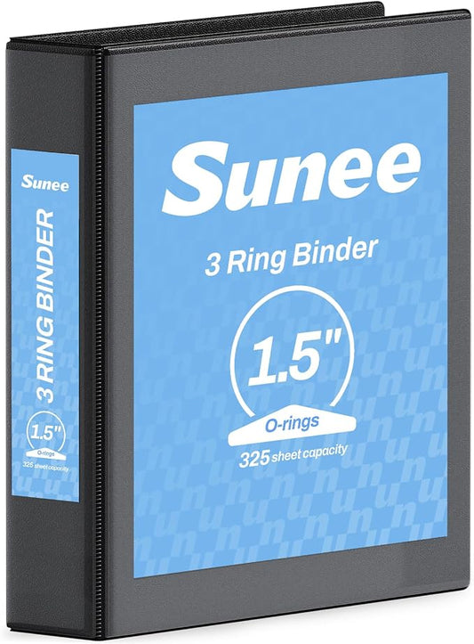 SUNEE 3 Ring Binder 1.5 Inch 1 Pack, Clear View Three Ring PVC-Free (Fit 8.5x11 Inches) for School or Office Supplies, Black