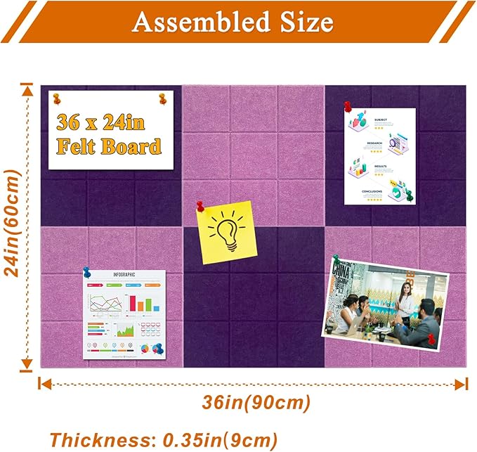 Large Square Felt Cork Board Tiles, Self Adhesive DIY Felt Bulletin Board with 35 Pushpins for Office School Home Wall Decor Stickers Memos (Purple & Light Purple)