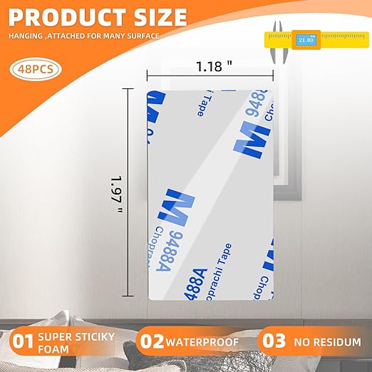 Double Sided Tape HeavyDuty,Double Sided Tape for Walls,48Pcs 2 Sided Sticky Waterproof Pads,1.96 * 1.18 Inch Super Strong Removable Double-Sided Foam, Mounting Black Hanging Tape for Home & Office