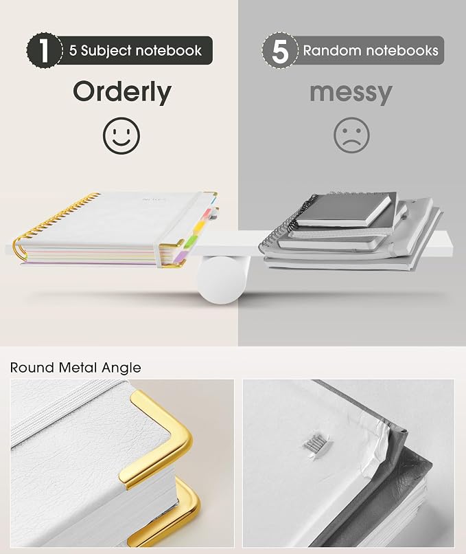 Hardcover Spiral Notebook 8.5"x11" Journal with Removable Dividers Tabs, 300 Pages Leather 5 Subject Notebook College Ruled, Large Notebooks for Work School, Lined Journal for Women, A4 White