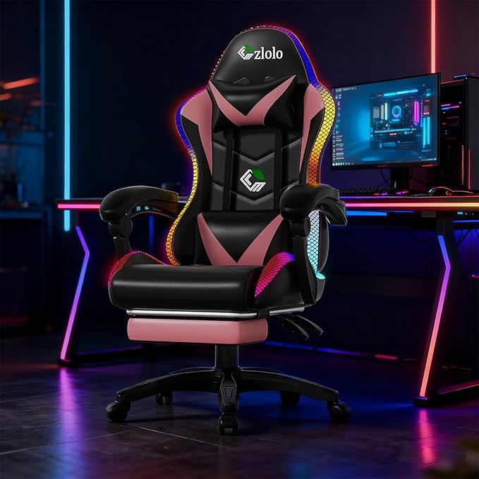 Gaming Chair, RGB LED Lights Computer Chair with Footrest, Lumbar Support Massager Gamer Chair, High Back, 90-135° Reclining, Linkage Armrests, Pink