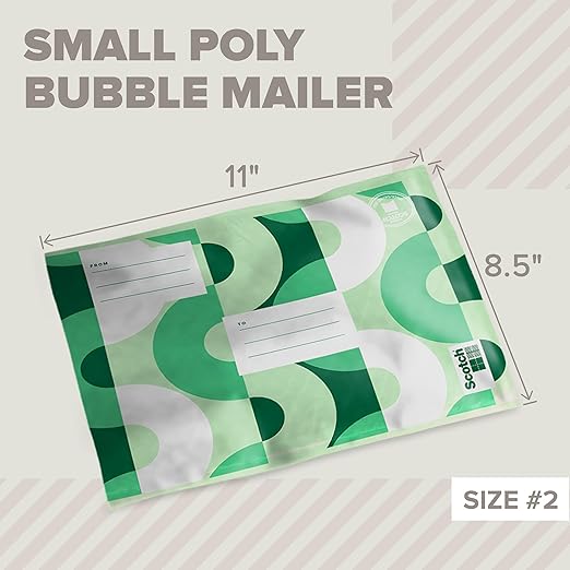 Scotch Poly Bubble Mailers, Assorted Green Designs, Size 2 Small, 8.5 in x 11 in, 12 Mailers