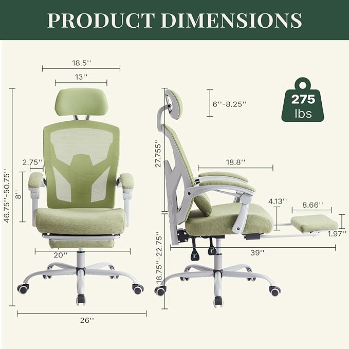 Ergonomic Office Chair with Footrest, Computer Gaming Chair | Adjustable Headrest, Lumbar Support, Swivel Reclining, Padded Armrest, Mesh High Back, Home Desk Work Study, Green