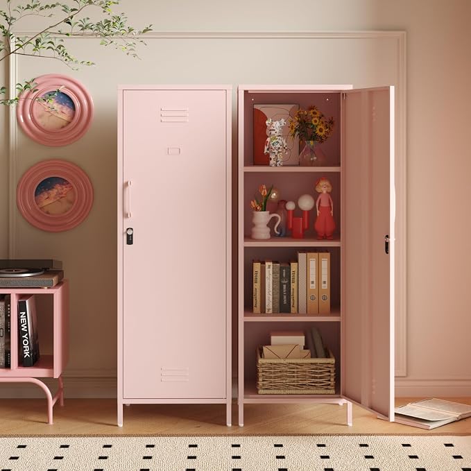 Metal Locker Storage Cabinets,59" H Pink Locking File Cabinets with 2 Doors and Shelves for Dining Room, Living Room,Bathroom Office,Home,Garage, Gym, School