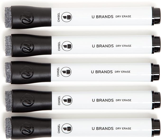 U Brands Fine Tip Dry Erase Markers with Eraser, Whiteboard Markers with Chisel tip, Low Odor, Black, Set of 5
