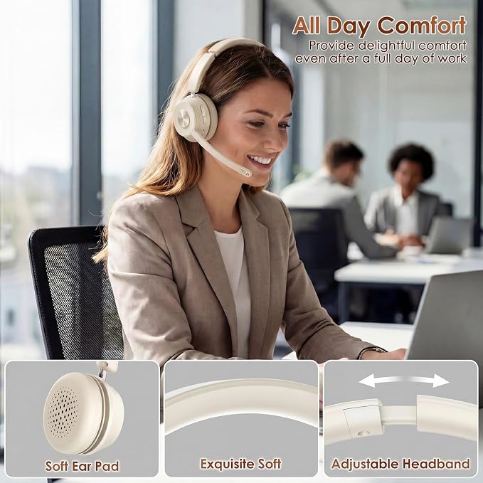 Wireless Headset with Mic for Work, Bluetooth Headset with Noise Cancelling | Headphones with Mic Mute & USB Dongle for PC/Computer/Laptop/Cell Phones/Remote Work/Call Center (Beige White)