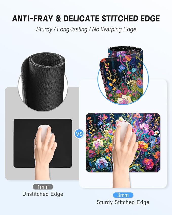 Mouse Pad, Cute Mouse Mat, 10" x 8", Colorful Oil Painting Flower | Square Waterproof Gaming Computer Mat, Textured Top, Stitched Edges, Non-Slip Rubber Base for Office Home Laptop Keyboard