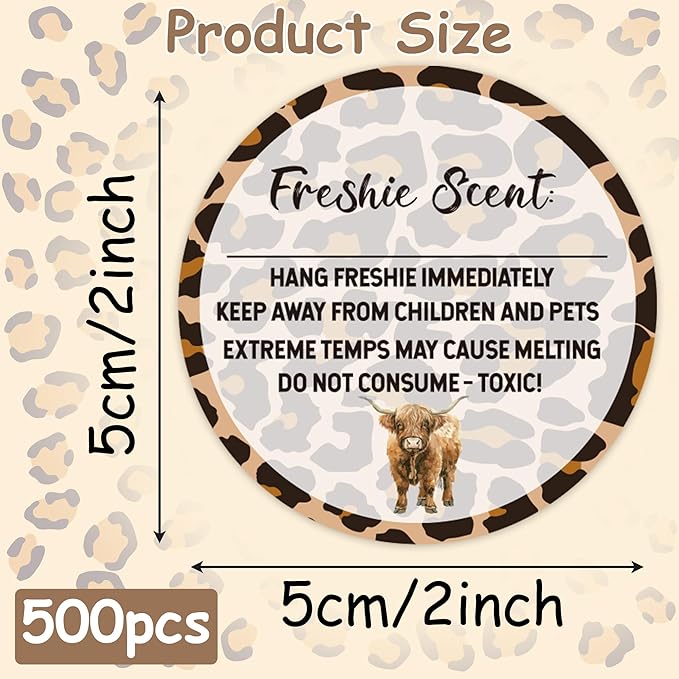 PANTIDE Freshiess Scent Care Instruction Stickers - 500 Count Car Freshie Warning Round Labels, Adhesive Roll Stickers with Line to Write Thermal Printed for Small Business (2 x 2 Inch, Leopard Cow)