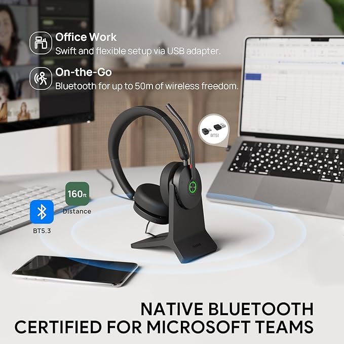 Yealink BH74 ANC Wireless Headset with Mic for Work Office,Teams Certified | 6 AI Noise Cancelling Microphone,Bluetooth Headset with Charging Dock,32H Talk Time & Flip to Mute,USB C/A Dongle Hybrid Work