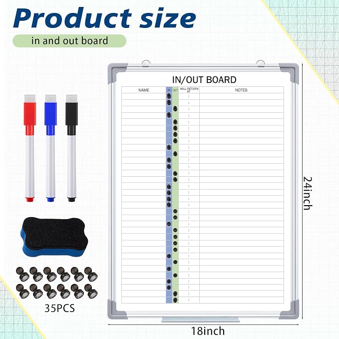 in and Out Magnetic Dry-Erase Board 24" x 18" Aluminum Framed White Board with Lines 33 Names with Magnetic Dry-Erase Marker, Eraser, and 35 Magnets Wall-Mounted for Office Employee