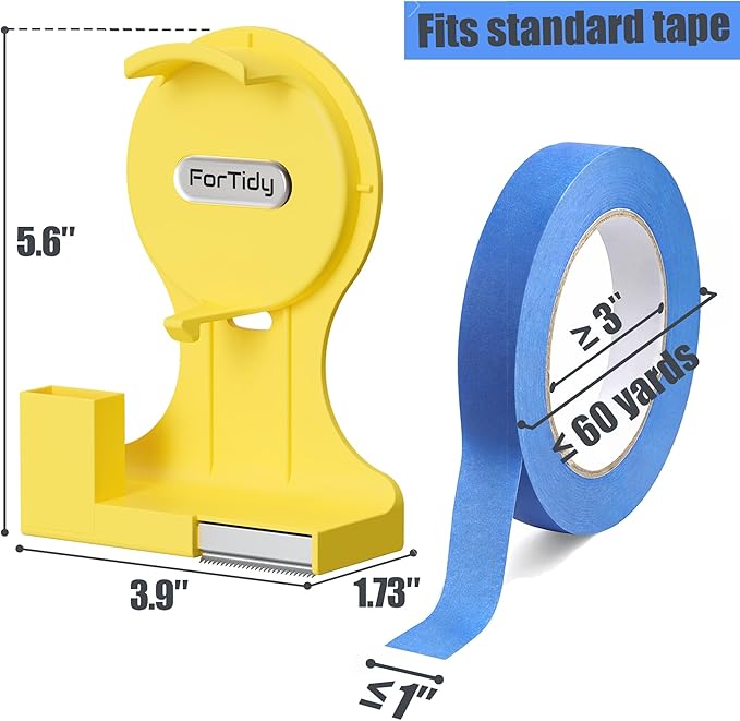 ForTidy Magnetic Masking Tape Holder, Painter's Tape Dispenser, Yellow | Removable Label System, Cutter Pen Holder, For Home Kitchen, Office, Fridge, Garbage, School (Tape and Pen Not Included)