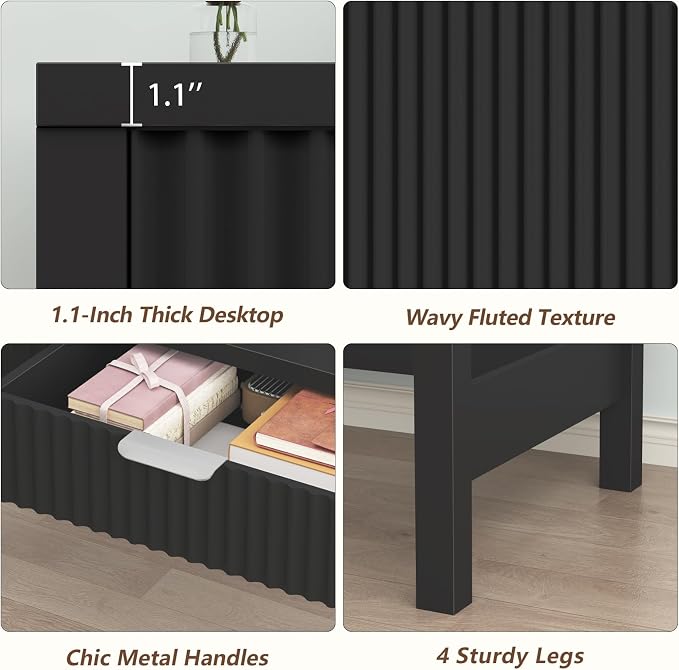 47 Inch Small Fluted Computer Desk with 2 Drawers for Bedroom, Home Office | Small Computer Desk with Storage, Compact Writing Study Vanity Desk for Small Spaces, Black