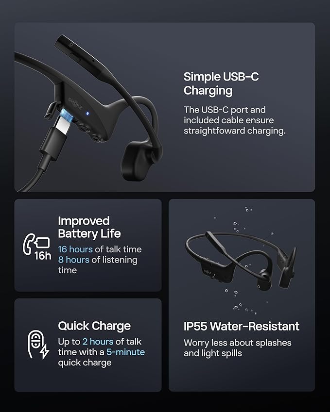 SHOKZ OpenComm2 UC 2025 Upgrade - Open-Ear Wireless Computer Headset with Boom Mic, Bone Conduction Bluetooth Stereo Headphones, USB-C Dongle Compatible with PC and Mac, Zoom Certified - C120 UC