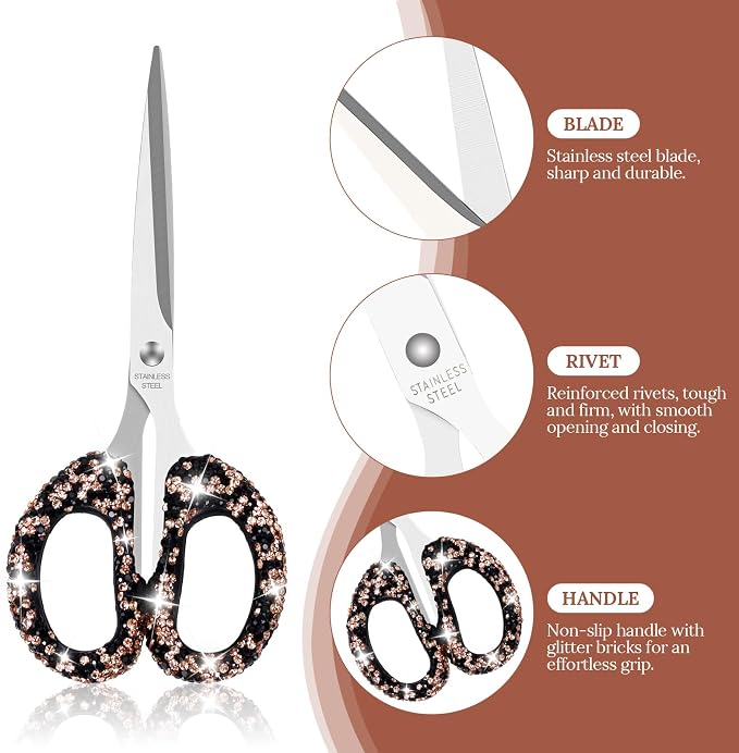 MultiBey 6.3" Rhinestone Cute Scissors, Black Gold | Cute Sparkly Rhinestone Scissors with Stainless Steel Blades | Aesthetic Craft Shears for Scrapbooking, Journaling & Office