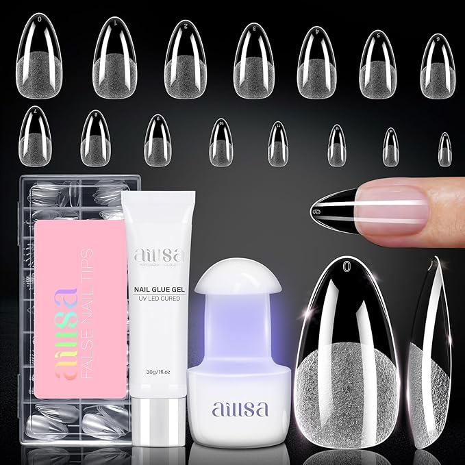 AILLSA Nail Tips with Glue Kit Medium Almond Nail Tips 120pcs, Solid Gel Nail Glue 30g for Acrylic Nail Kit, Full Cover Portable Mini U V Nail Lamp for Women Beginners