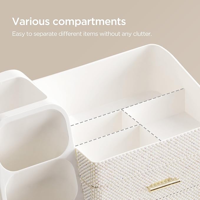 HBlife Makeup Organizer with Brush Holder for Vanity, Large Plastic Bathroom Countertop Organizer Skin Care Storage, Easy to Store Nail Polishes, Perfumes, Eyeshadow Palettes, Pearl All White