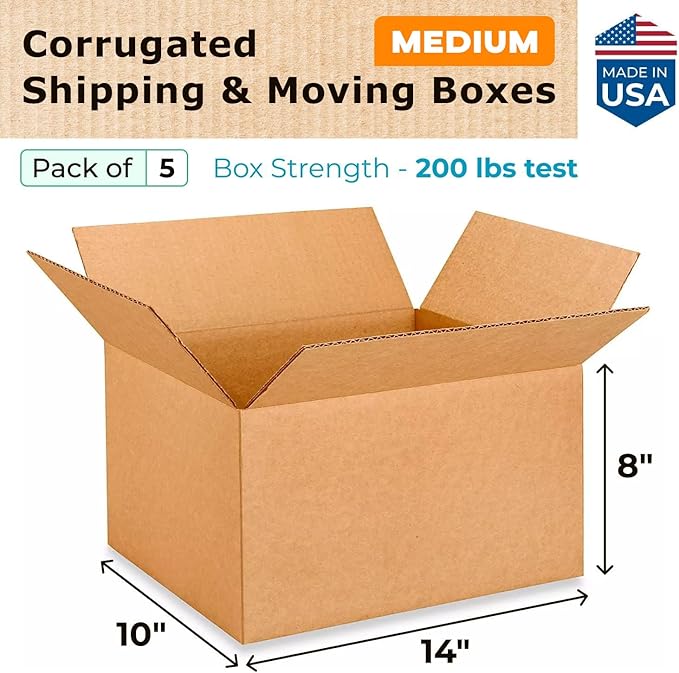 Medium Moving & Shipping Boxes 14 x 10 x 8 inches (5-Pack) - Extra Strength 200 lb vs Regular - USA-Made Corrugated Packaging Box - Box for Shipping - Cardboard Box by IDL Packaging