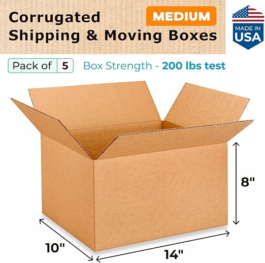 Medium Moving & Shipping Boxes 14 x 10 x 8 inches (5-Pack) - Extra Strength 200 lb vs Regular - Corrugated Packaging Box, Made in USA - Box for Shipping - Cardboard Box by IDL Packaging | Extra Strength 200 lb vs Regular - Corrugated Packaging Box - Bo...