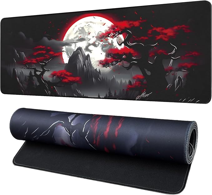 Large Gaming Mouse Pad, Anime Black Mousepad with with Non-Slip Base, Expanded Cool Desk Mat, Mountain Moon Scenery XL Keyboard Mat Suitable for Home Office,35.4 X 15.7 Inch