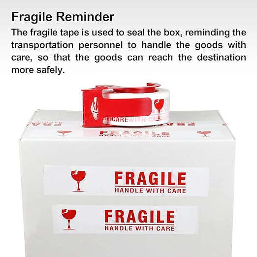 BOMEI PACK 6 Rolls Fragile Tape 2 Inch x 180 Feet (60 Yards) - Handle with Care Marking Tape, Fragile Packing Tape with Dispenser - Heavy Duty Fragiles Tape for Shipping and Moving Boxes