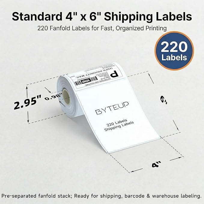 4x6 Direct Thermal Shipping Labels, 220 Sheets/Roll, Barcode & Shipping Label Paper, Permanent Adhesive, Smudge Resistant, Compatible with Most Direct Thermal Printers (Not for Laser/Inkjet/Dymo)