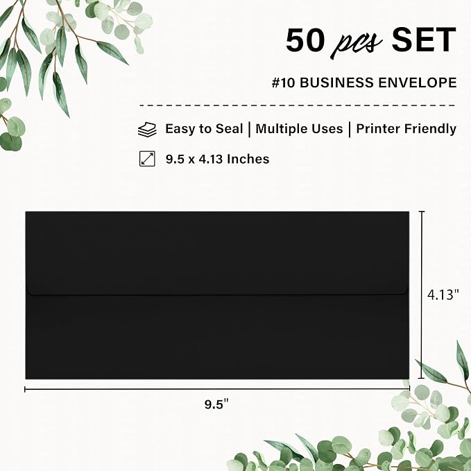 50 Pack #10 Black Envelopes Letter Size Self Seal Business Envelopes | Security Mailing Envelopes, 4 1/8 x 9 1/2 Inches
