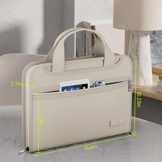 Tamfile Fireproof Accordion File Folder with Handle, Document Organizer | Expanding File Folder with 13 Pockets, Multiple Pockets, Water Resistant,Portable Travel Home Safe for A4 File,Travel,Beige