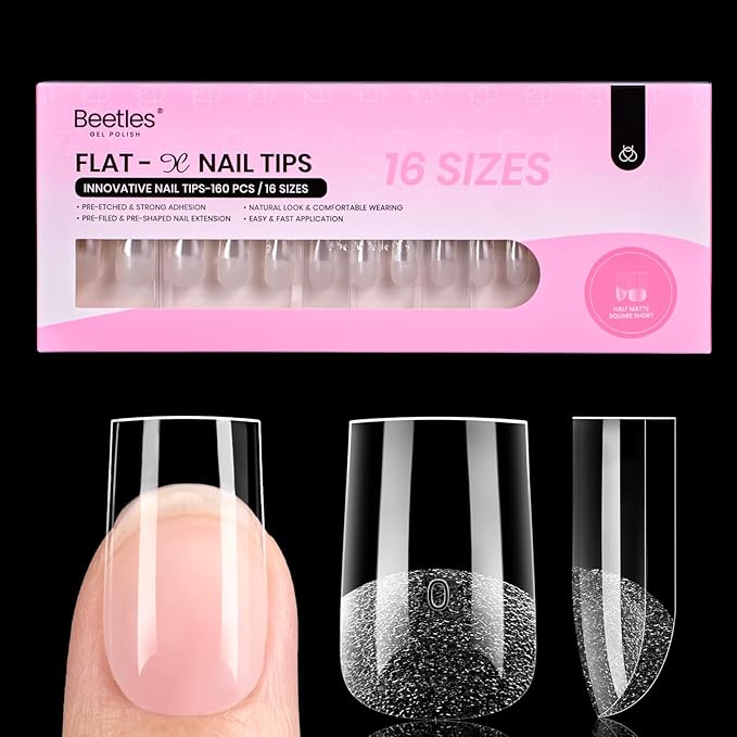 Beetles Gel Nail Tips Flat-X - Square Short, 160pcs 16 Sizes, Pre-Etched Half Matte Full Cover Soft Acrylic False Nail Tips Clear Press on Easy DIY Extension Salon for Flat & Natural Nail Beds