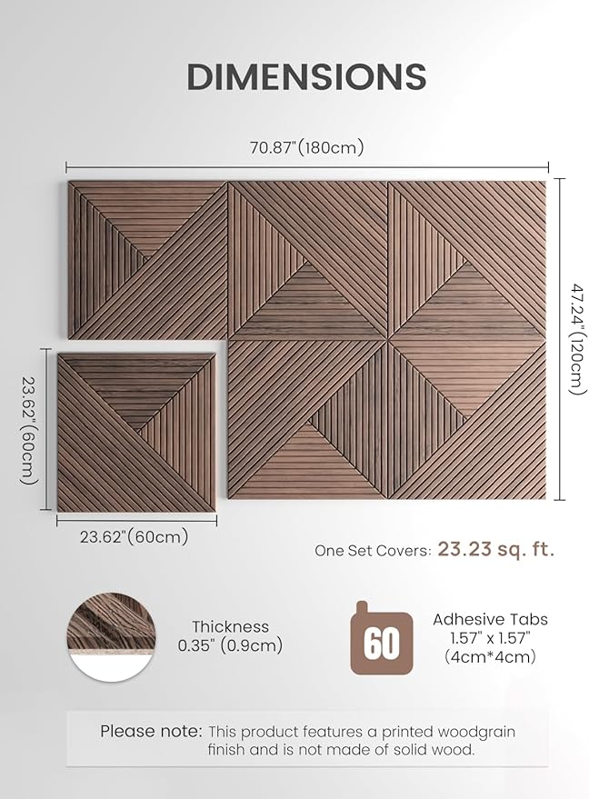 Fluxynara Large Felt Bulletin Board,Cork Board Alternative 70.87'' x 47.24'' Art Acoustical Wall Panels-6 Pack with 60 Adhesive Tabs,for Recording Studio/Home Offices-Walnut/Facet