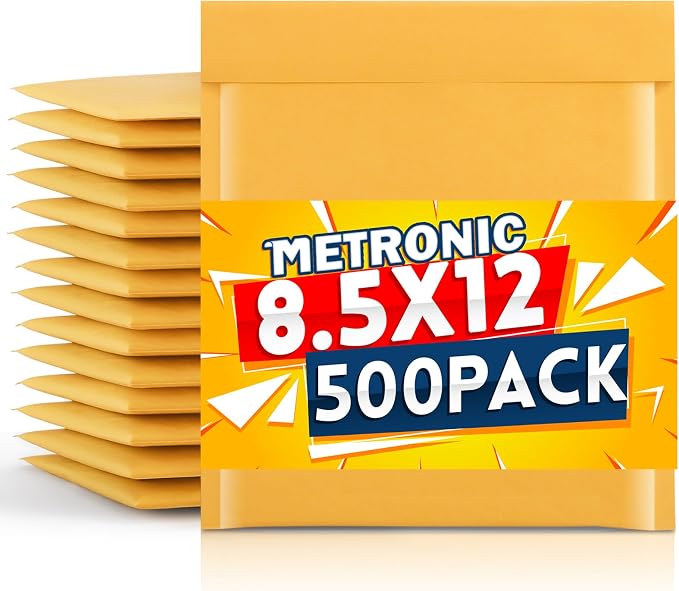Metronic Kraft Bubble Mailers 8.5X12 Inch Yellow 500 Pack, Waterproof Padded Envelopes,Self-Seal Bubble Mailers Cushioning Bubble Envelopes for Shipping,Jewelry Makeup Supplies, Packaging Bulk