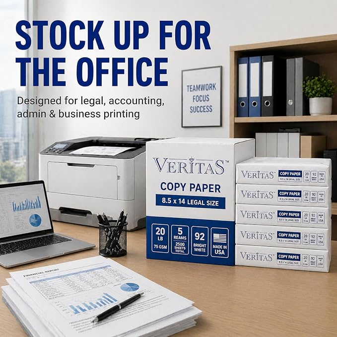 Veritas Copy Paper 8.5 x 14 Legal Size, 5 Reams, 2500 Sheets Total, 20 lb / 75 GSM, 92 Bright White Multipurpose Printer Paper for Office, Business, Legal Documents, Laser & Inkjet, Made in USA