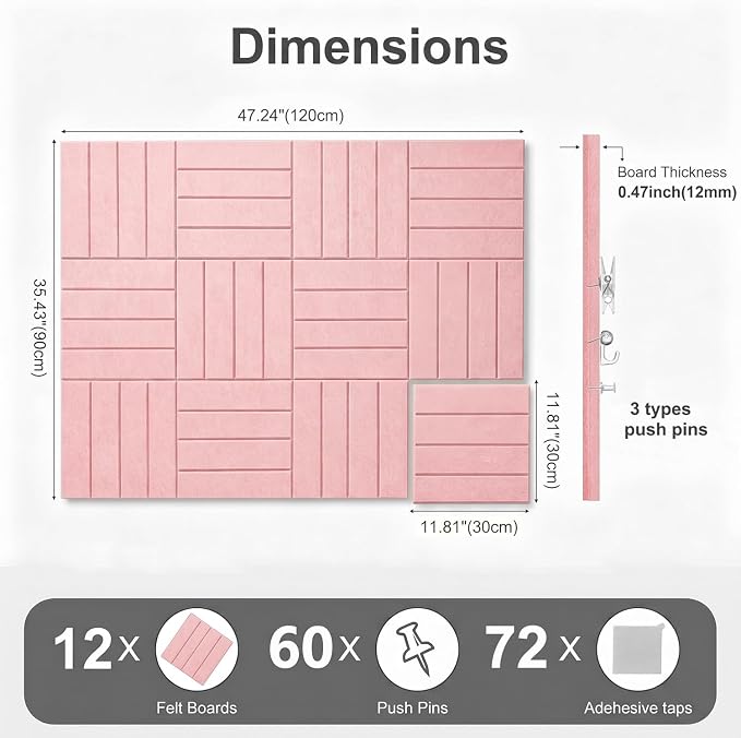 0.47" Thick Felt Wall Tiles 48"x36" Cork Board Alternative 12 Pack 11.81"x11.81"Felt Bulletin Board Pin Board with Removable Adhesive Tape&60 Pushpins for Home Office School(Bold-Coral Pink)