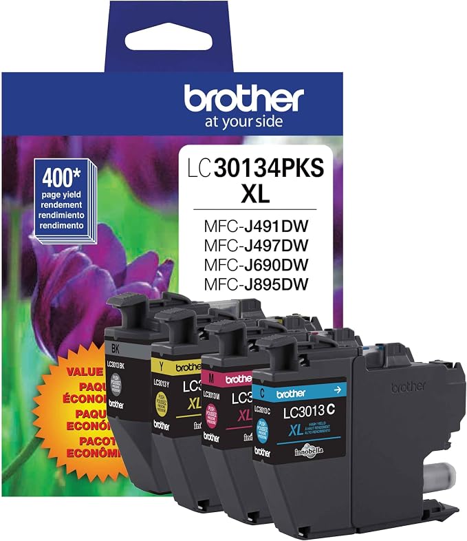 Brother Genuine LC30134PKS High-Yield Color Ink Cartridges, 4-Pack, Up to 400 Pages per Cartridge, Includes Black, Cyan, Magenta and Yellow