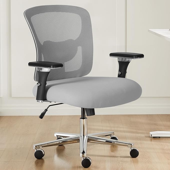 DUMOS Big and Tall Office Desk Chair, 500lbs Heavy Duty Mesh Chair | Ergonomic 4D Armrest, Comfortable Lumbar Support, Wide Seat, 360° Swivel Rolling Wheels, Adult, Grey