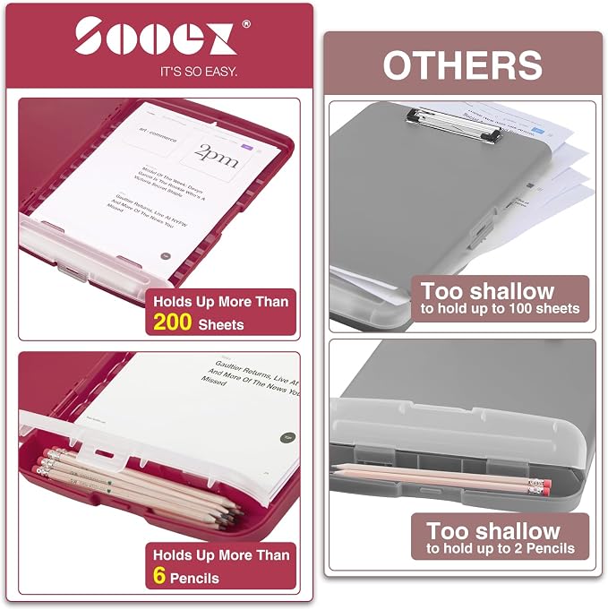 Sooez Clipboard with Storage, Clip Board 8.5 x 11 with Pen Holder, Plastic Organization Case Box for Letter Legal A4 Size Paper, Low Profile Clip, Nurses Teachers Must Haves, School & Office Supplies