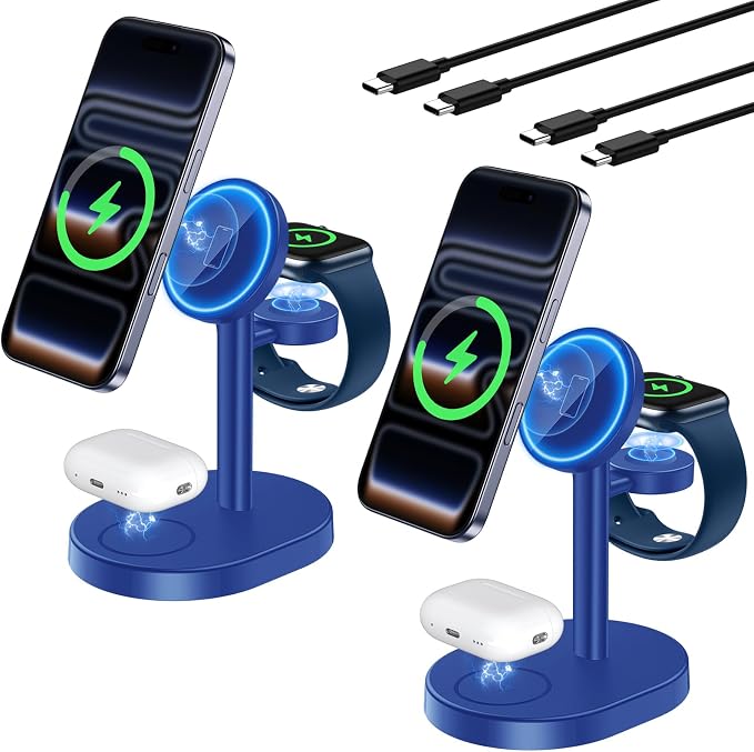 3 in 1 Wireless Charging Station for Apple MagSafe Charger, 15W Fast Magnetic Mag-Safe Charger Stand for iPhone 17 16 15 14 13 12 iWatch AirPods, 2Pack Blue (Adaptor Not Included)