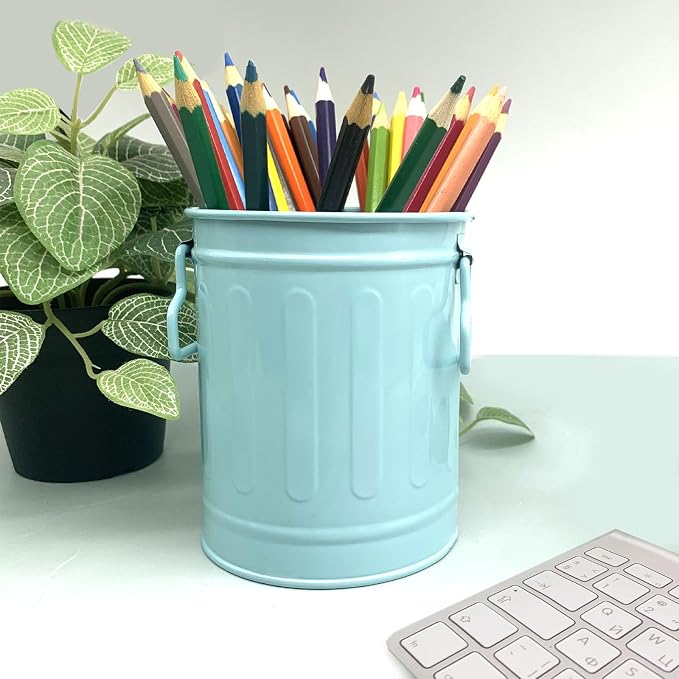 Desk Pen Holder, 2 Pack Metal Pencil Holder for Desk, Desk Organizer with Handle, Makeup Brush Holders, Pencil Cup, Desktop Storage Organizer for Office, School, Home (Blue, Pink)