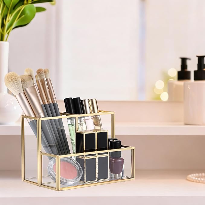 BTSKY 1 Pack Golden Glass Pen Holder for Desk, Clear Pencil Cup with 3 Compartments, Metal Pen Cup Makeup Brushes Holder, Desktop Pens Pot Container, Stationery Cosmetic Caddy Storage for Office Home