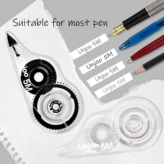 Unjoo White Correction Tape, For school, Office,12pack, 5M/196"x0.2",Black | Easy To Use Applicator for Instant Corrections Wrong Writing At Any Time, Tear-Resistant Correction tape Bulk
