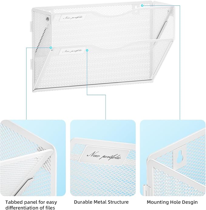 Marbrasse Wall File Holder 2-Tier Hanging Wall File Organizer, Mesh Mail Holder for Papers, Wall Mount File Clipboard & Magazine Organizer Great for Office Home (White)