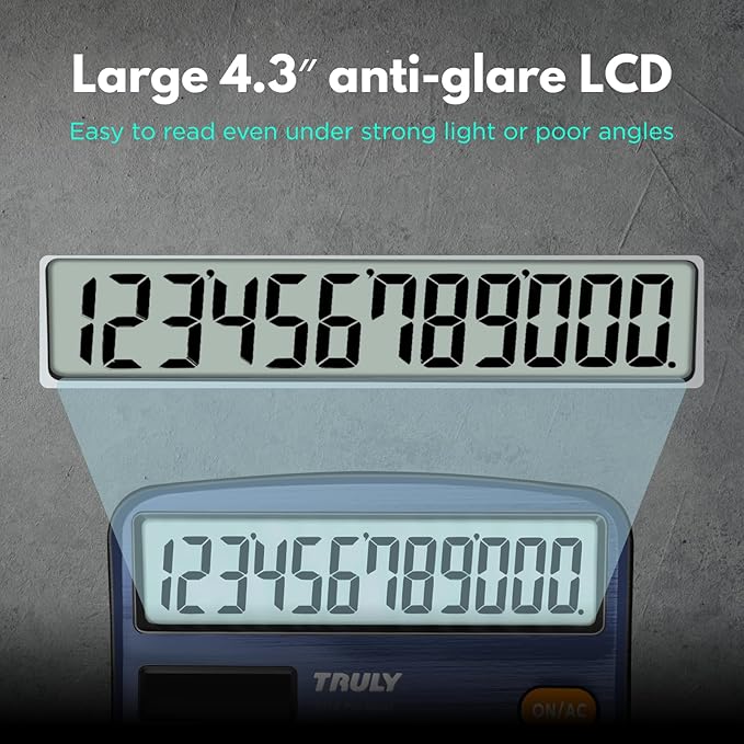 TRULY 12 Digits Desktop Calculator with Large LCD Display and Sensitive Button, Dual Solar Power and Battery, Standard Function for Office, Home, School, Metal Body, 837A Pro Blue