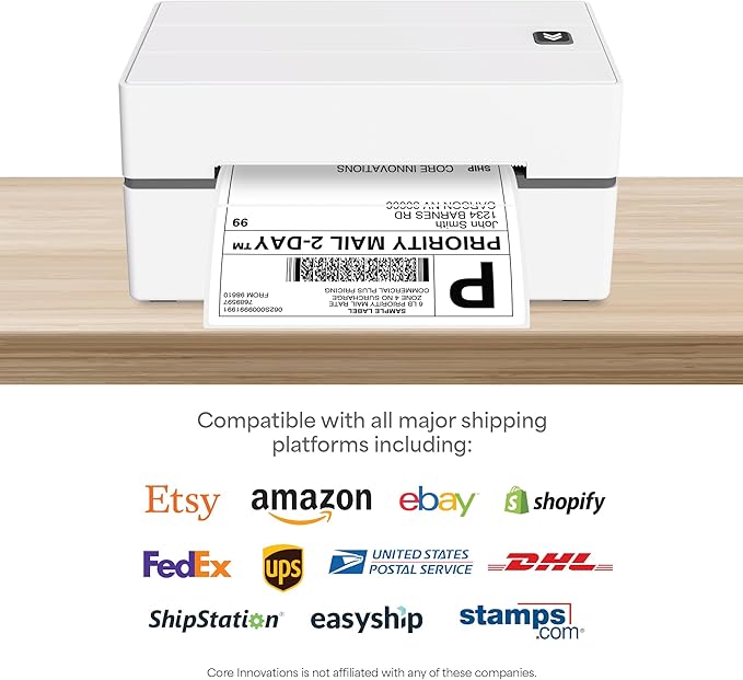 Core Innovations Bluetooth Thermal 4x6 Shipping Label Printer Bundle for Packages & Small Business - Android, iOS & Windows Compatible