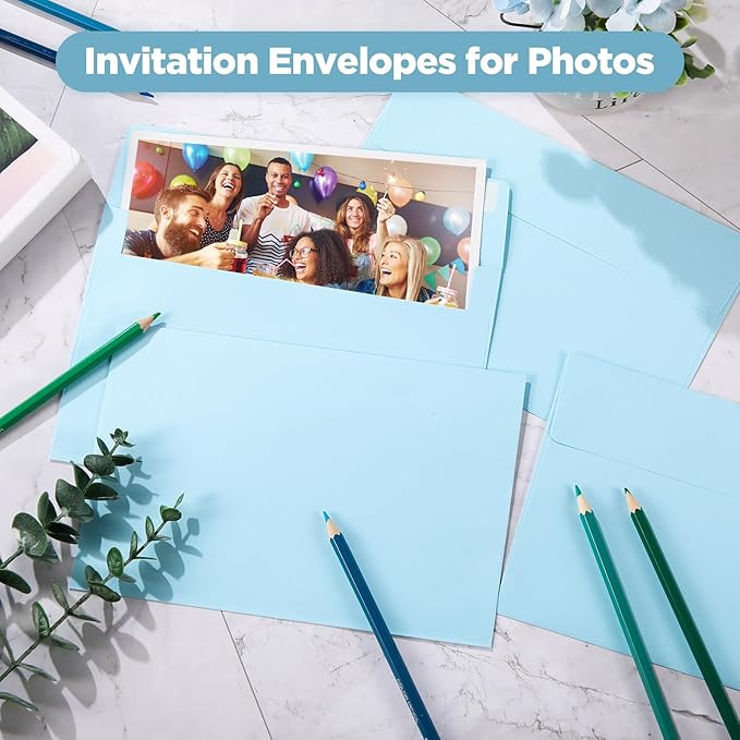 Harloon 100 Pcs A9 Invitation Envelopes 5.75 x 8.75 Inch Self Adhesive Wedding Invitation Envelopes Paper Greeting Card Envelope for Photos Letters Baby Shower Office 110 Gsm Paper(Light Blue)